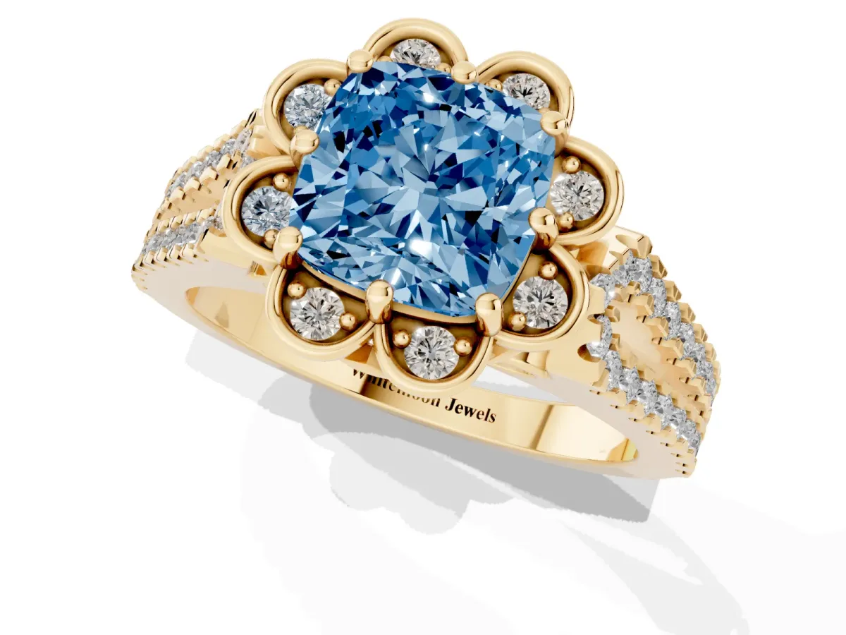 Fancy Blue Cushion Cut Halo Diamond Floral Split Shank Engagement Ring Yellow gold
