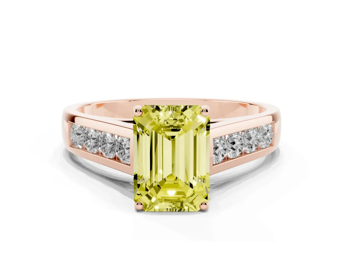 Fancy Yellow Emerald Cut Solitaire Channel-Set Diamond Engagement Ring with Four-Prong Setting Rose gold