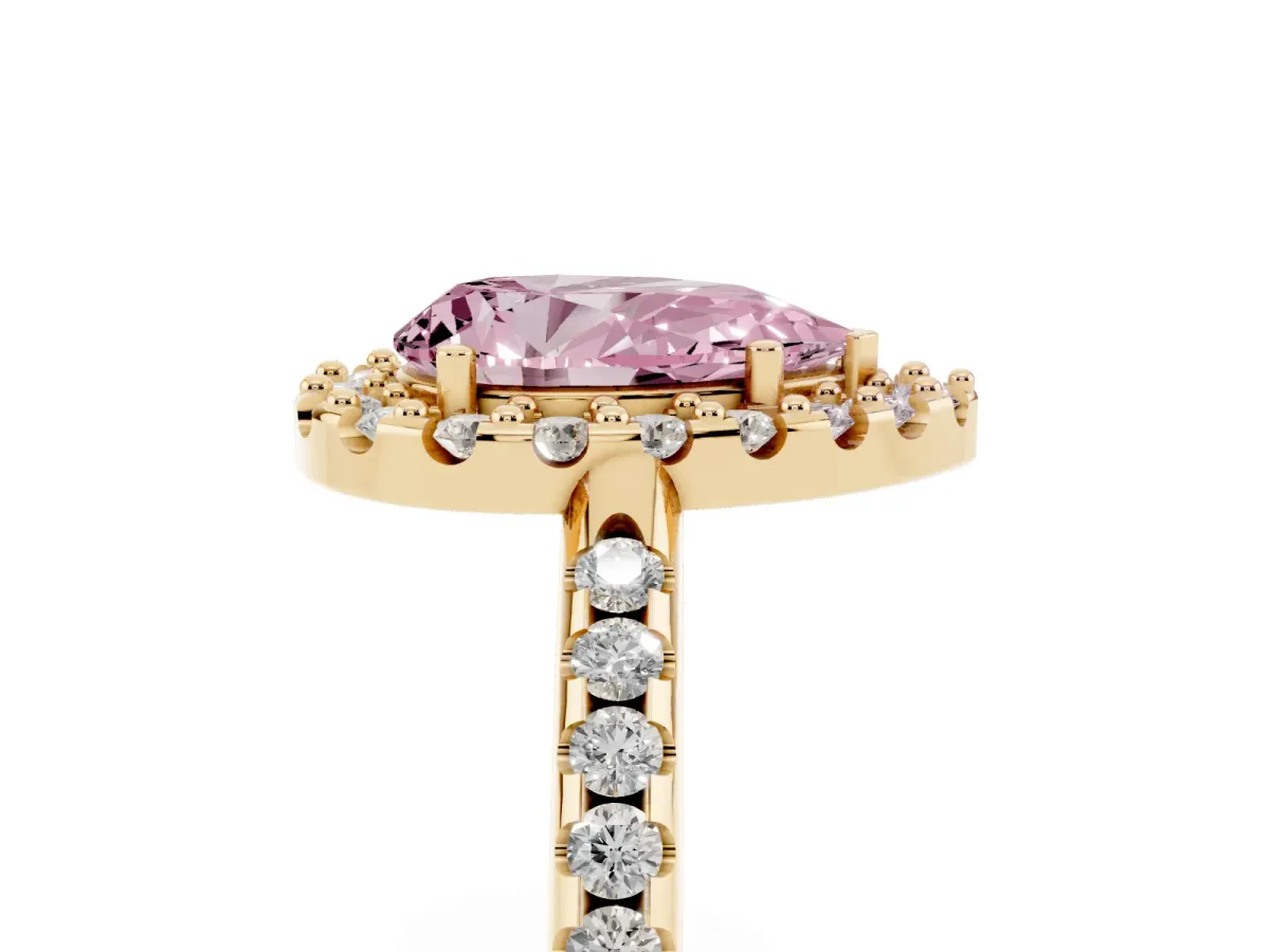 Fancy Pink Pear Cut Diamond Pavé Halo Ring with Four-Prong Setting Yellow gold