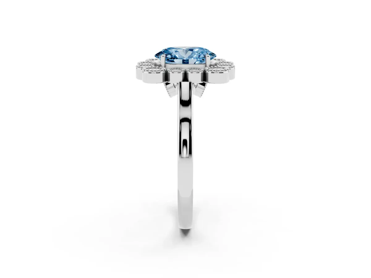 Fancy Blue Oval Cut Halo Diamond Cluster Engagement Ring with Milgrain Bezel Setting and Solitaire Band White gold