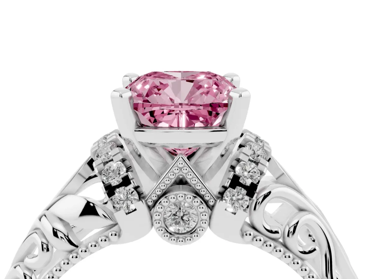 Fancy Pink Cushion Cut Solitaire Filigree Engagement Ring with Halo and Prong Setting Silver
