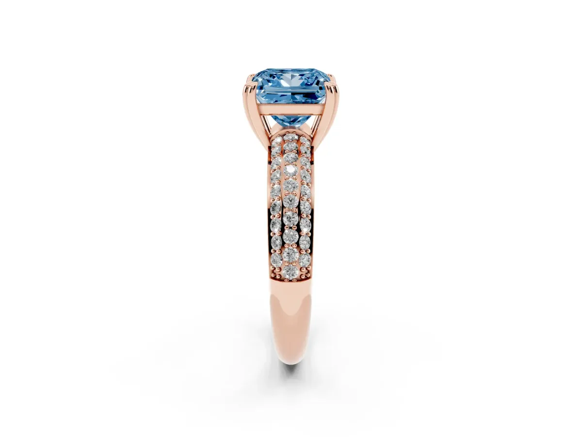 Fancy Blue Princess Cut Diamond Solitaire Ring with Multi-Row Round Pavé Band and Prong Setting Rose gold