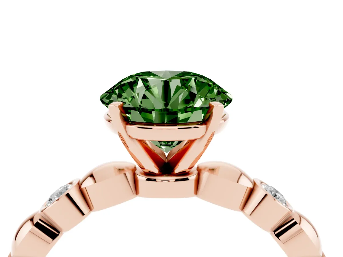 Fancy Green Round Cut Solitaire Bezel-Set Diamond Ring with Beaded Band and Four-Prong Setting Rose gold