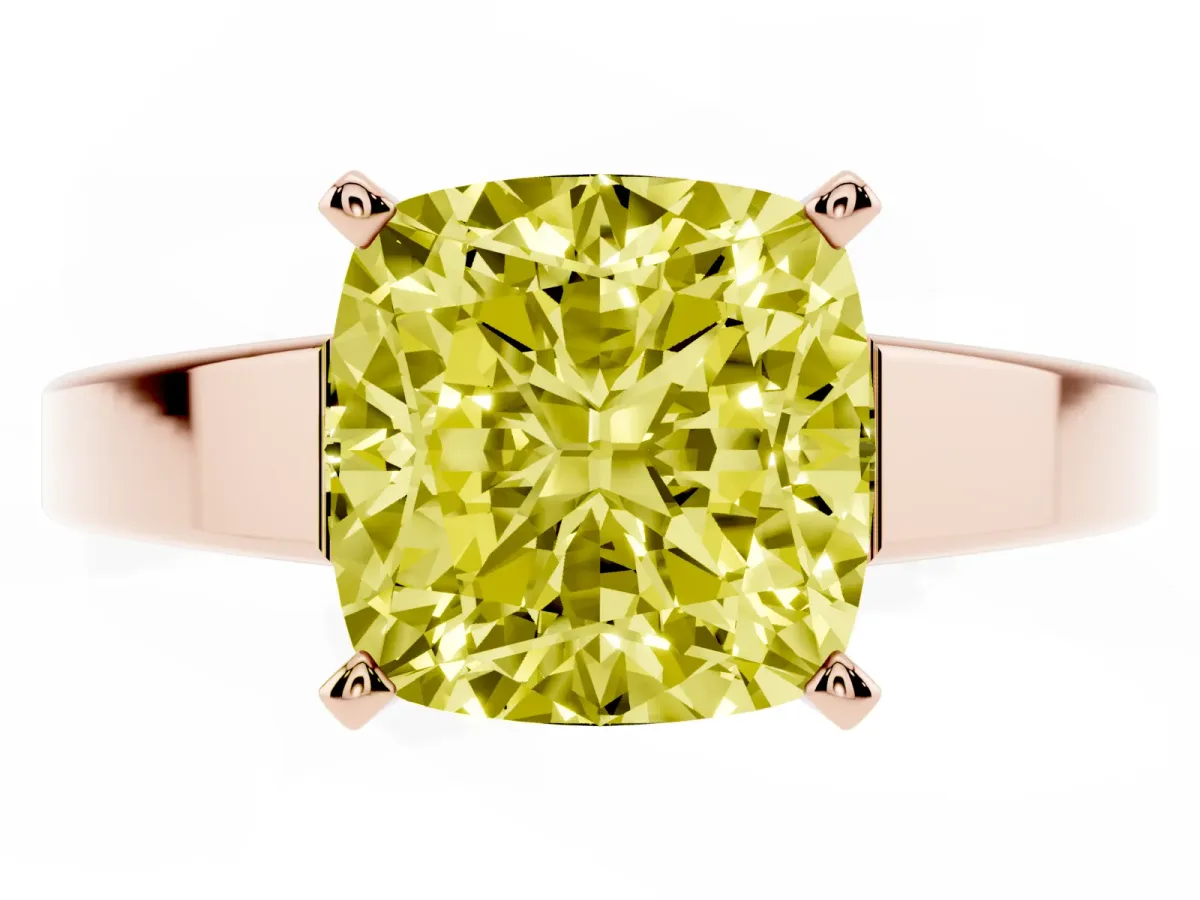 Fancy Yellow Cushion Cut Solitaire Engagement Ring with Four-Prong Setting and Tapered Band Rose gold