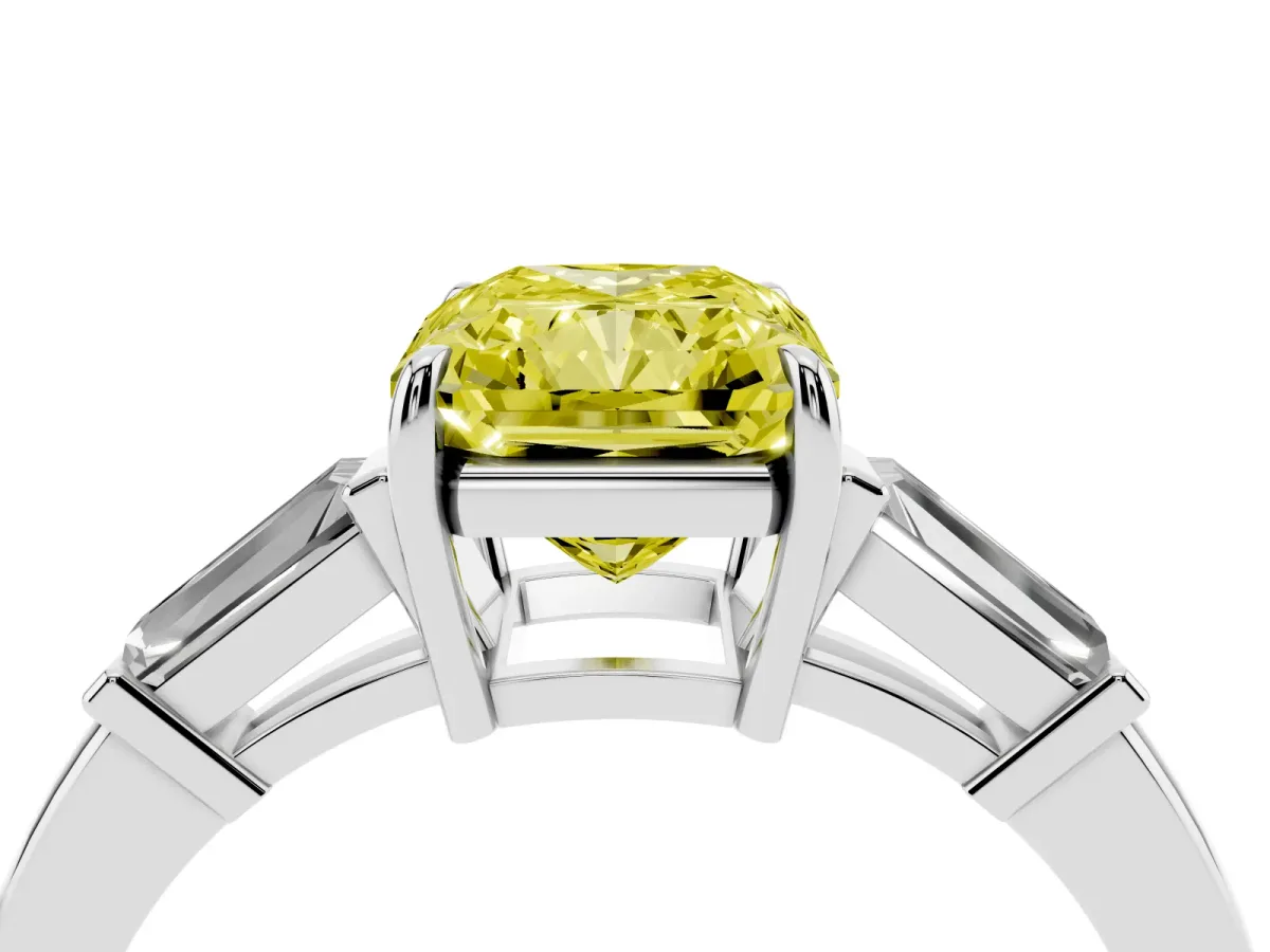 Fancy Yellow Radiant Cut Diamond Three-Stone Ring with Tapered Baguette Side Stones and Prong Setting Silver