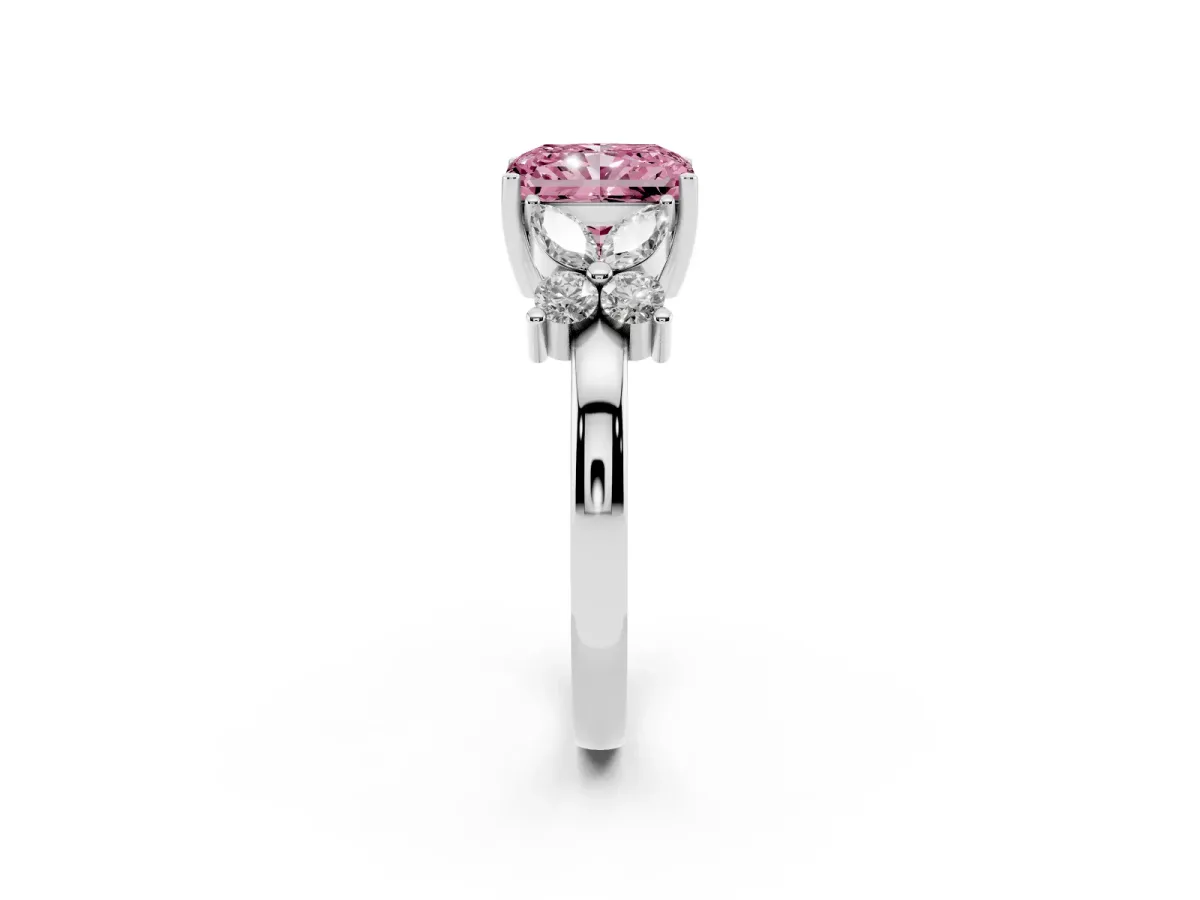 Fancy Pink Radiant Cut Diamond Floral Cluster Ring with Solitaire Band and Prong Setting Platinum