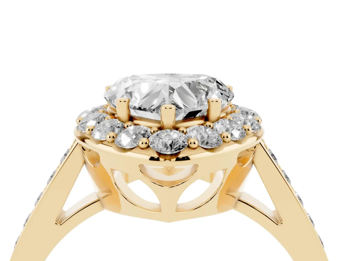 Heart Cut Diamond Floral Halo Ring with Pavé Band and Prong Setting Yellow gold