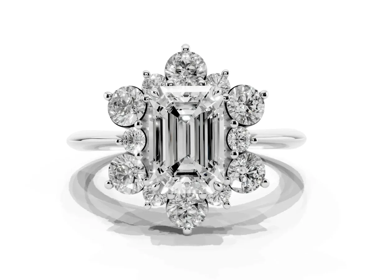 Emerald Cut Diamond Cluster Halo Ring with Solitaire Band and Four-Prong Setting Silver