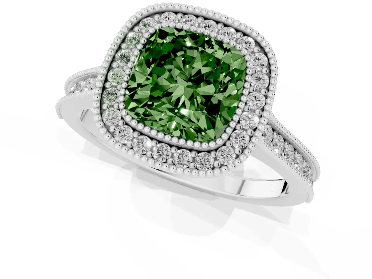 Fancy Green Halo Cushion Cut-Cut Diamond Pave Band Milgrain Prong Setting Ring Silver
