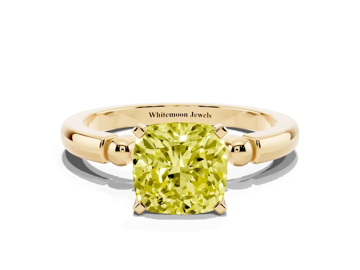 Fancy Yellow Cushion Cut Solitaire Beaded Band with Four-Prong Setting Yellow gold