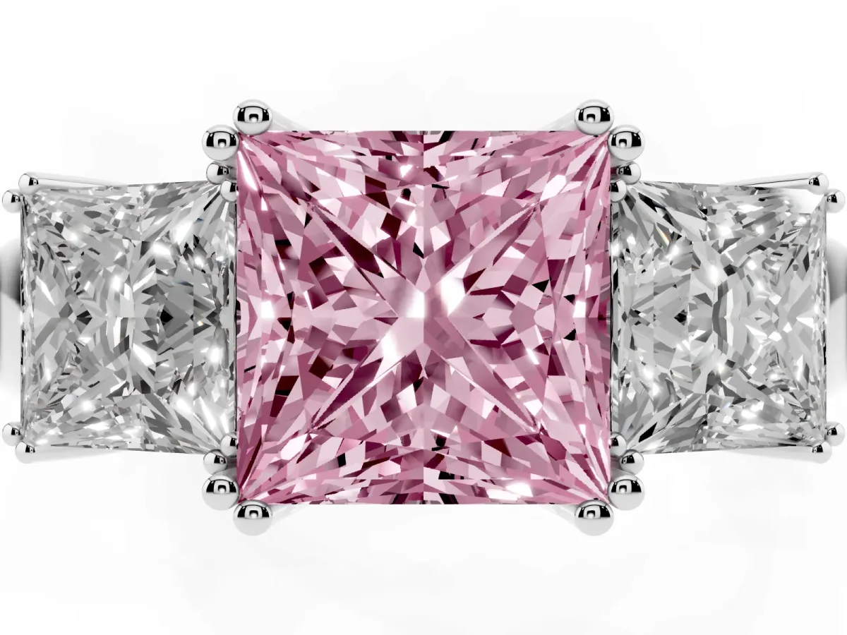 Fancy Pink Three-Stone Princess Cut Cut Diamond Ring with Channel Set Band and Four-Prong Setting Silver