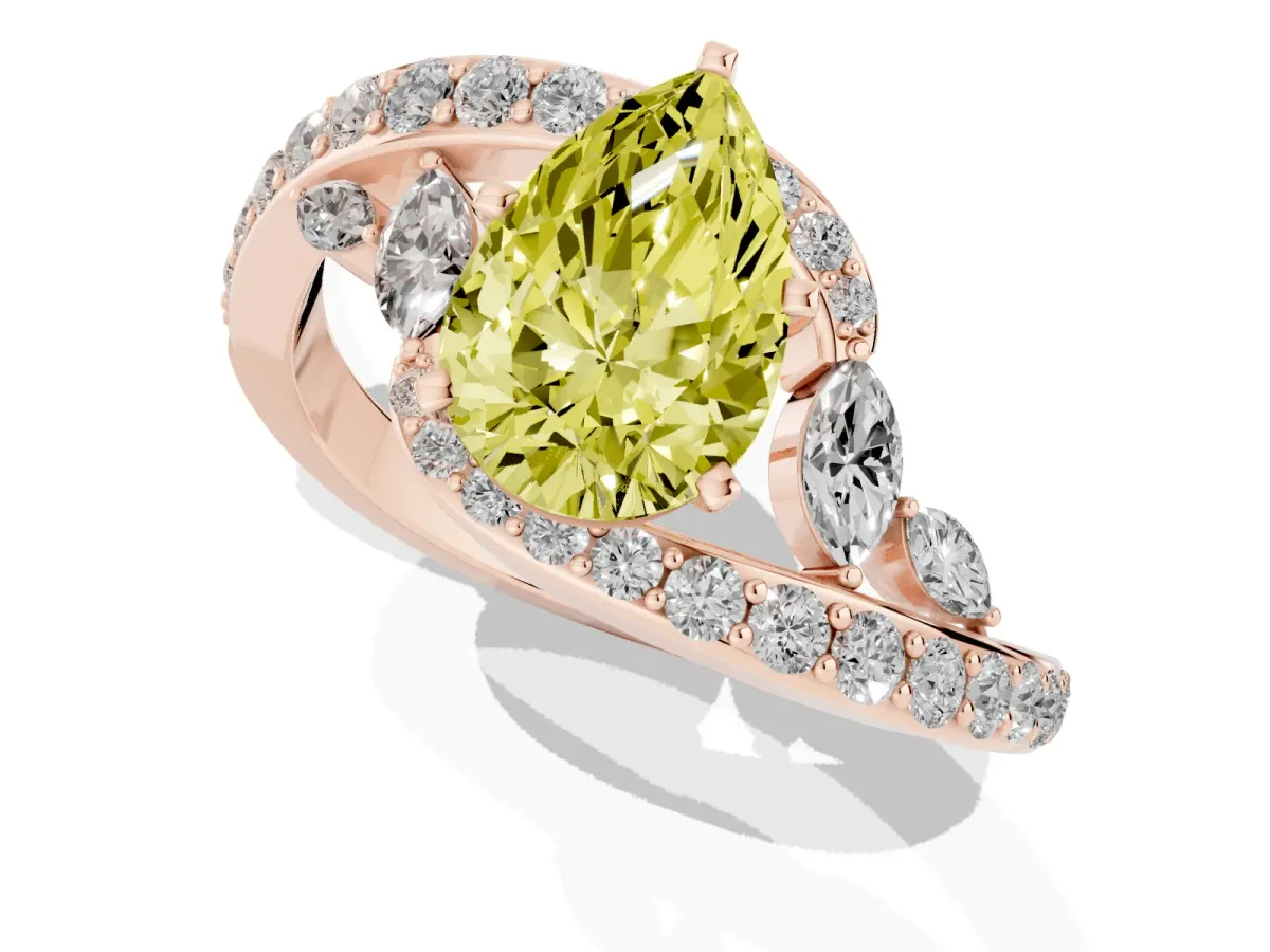 Fancy Yellow Pear Cut Solitaire with Pavé Twist Band and Four-Prong Setting Rose gold