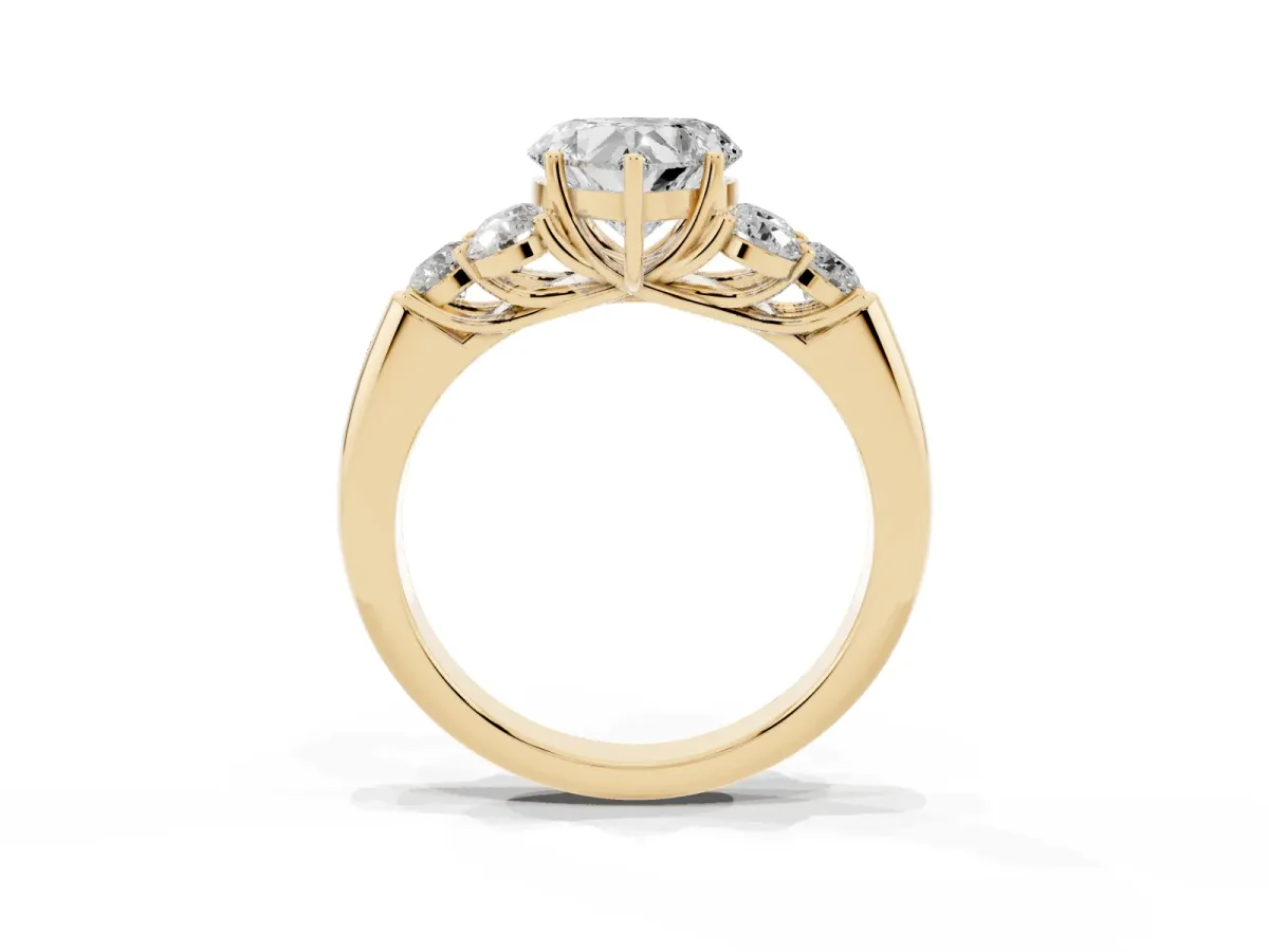 Heart Cut Cut Diamond Cluster Ring with Round Accent Stones and Prong Setting on a Classic Band Yellow gold