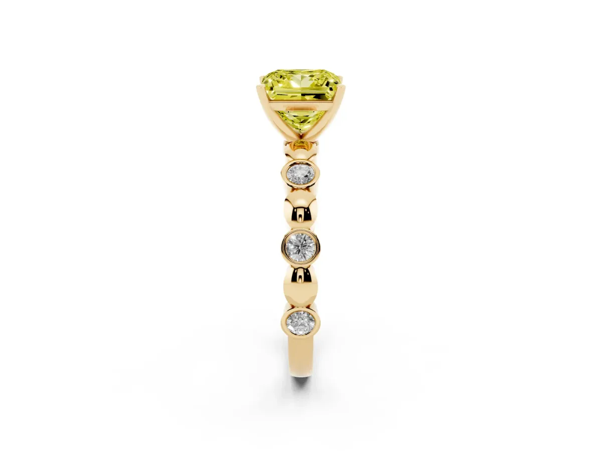 Fancy Yellow Princess Cut Solitaire Bezel-Set Diamond Ring with Beaded Band and Four-Prong Setting Yellow gold