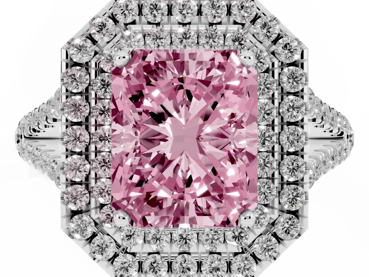 Fancy Pink Radiant Cut Diamond Double Halo Ring with Pavé Band and Prong Setting Silver