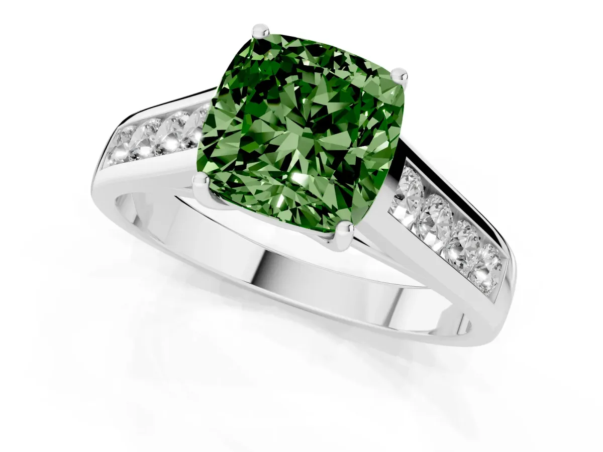 Fancy Green Cushion Cut Brilliant Channel-Set Solitaire Ring with Four-Prong Setting Silver