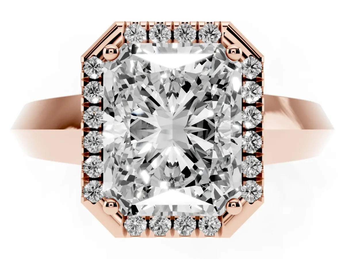 Radiant Cut Halo Diamond Ring with Cathedral Band and Four-Prong Setting Rose gold