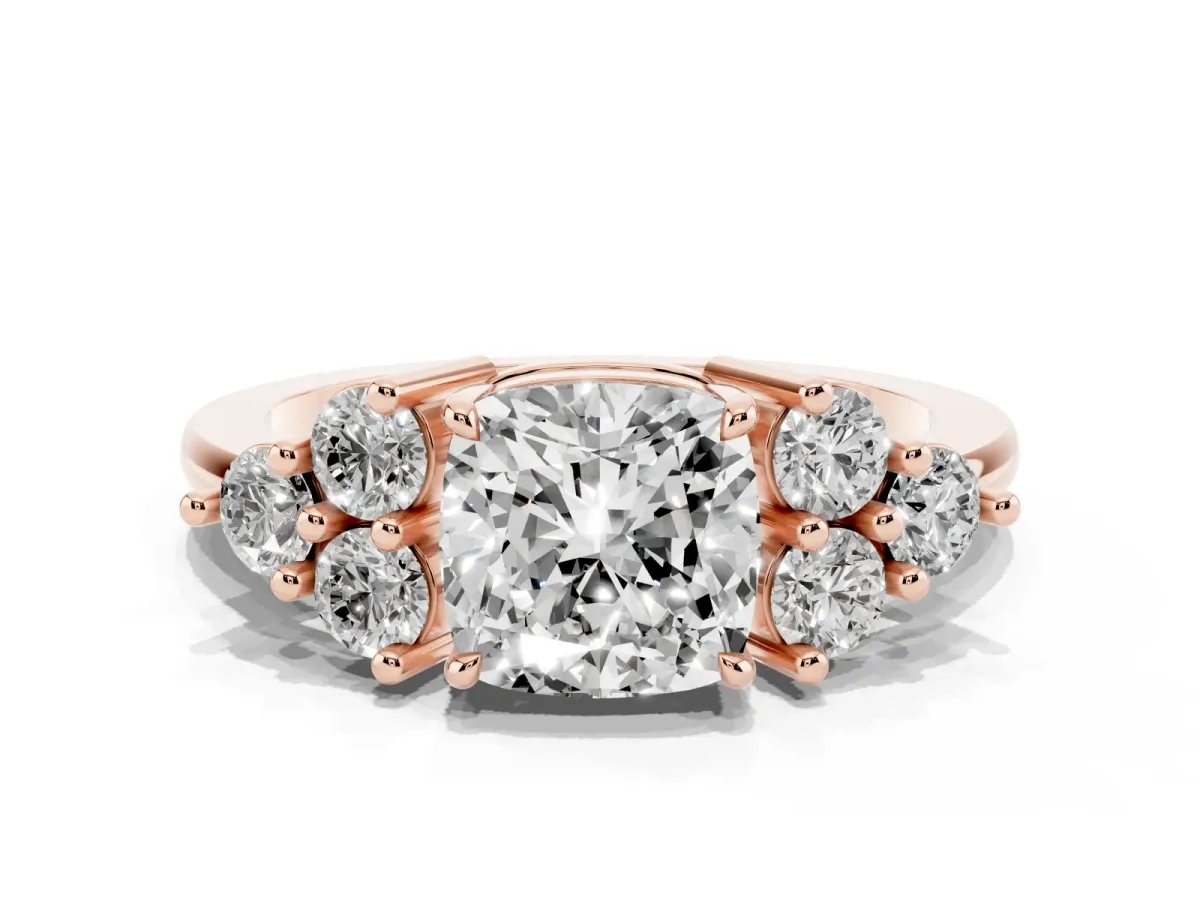 Cushion Cut Brilliant Diamond Cluster Accent Solitaire Ring with Prong Setting Rose gold