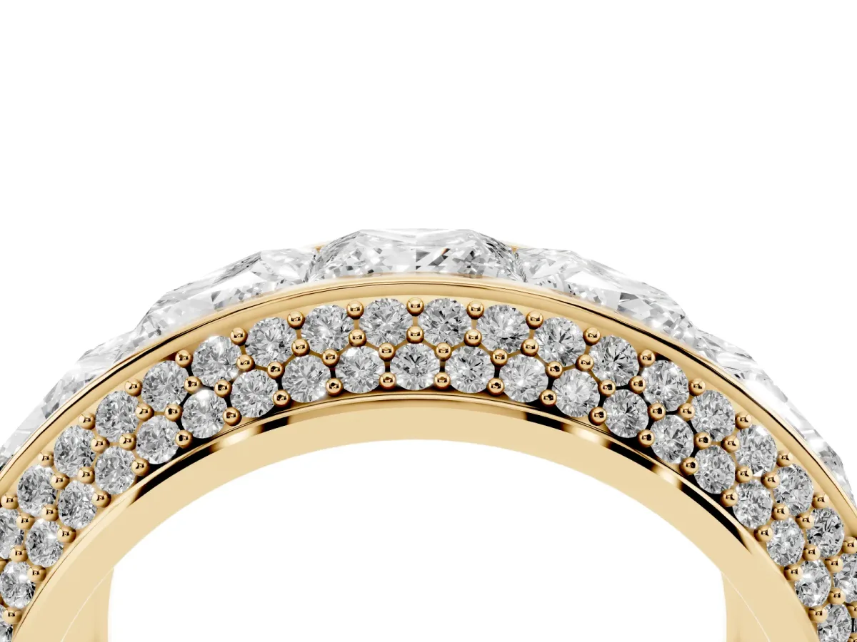 Princess Diamond Pavé Mens Wedding Band with Round Diamond Accents Yellow gold