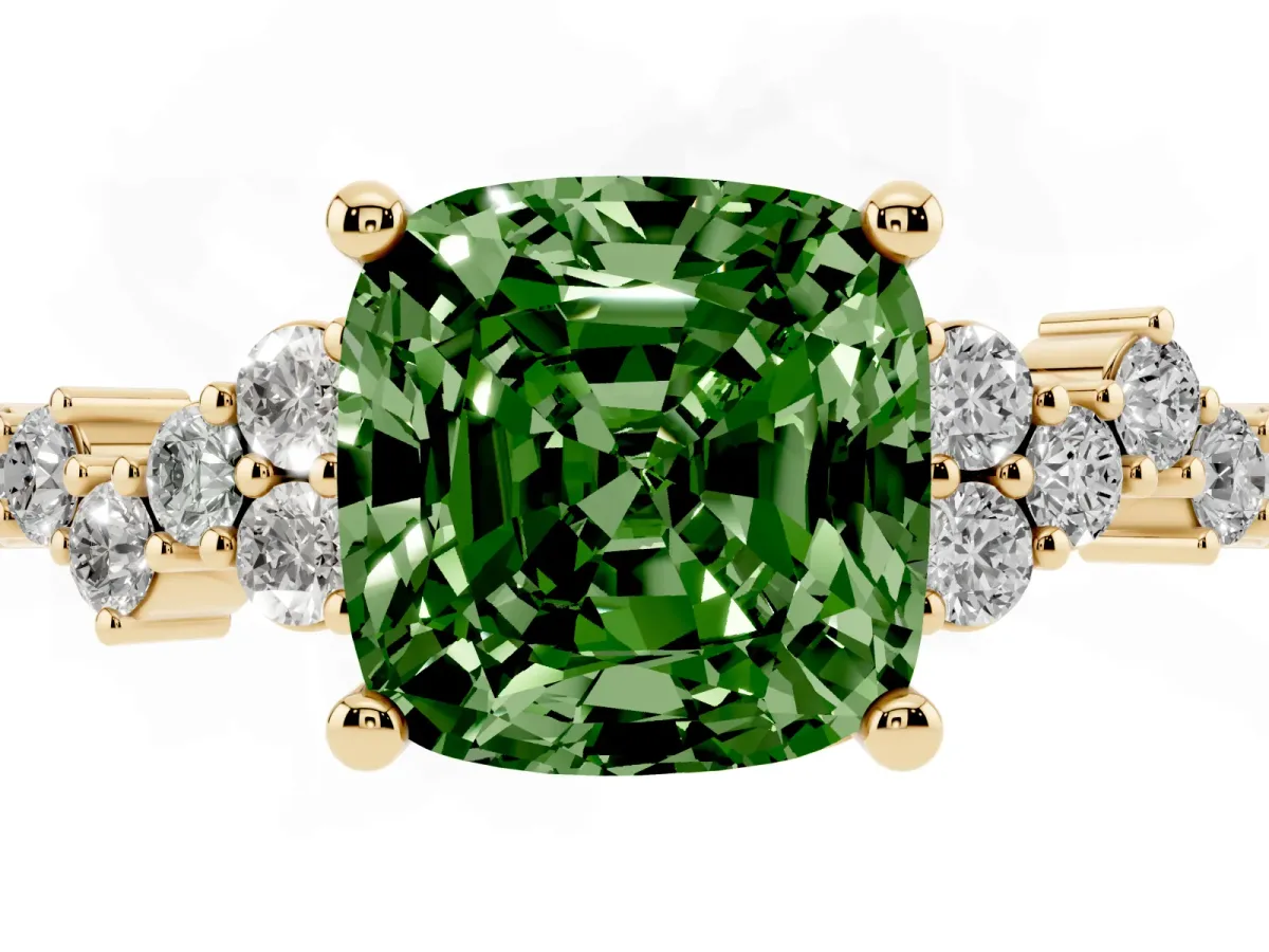 Fancy Green Cushion Cut Diamond Scattered Round Accent Ring with Prong Setting Yellow gold