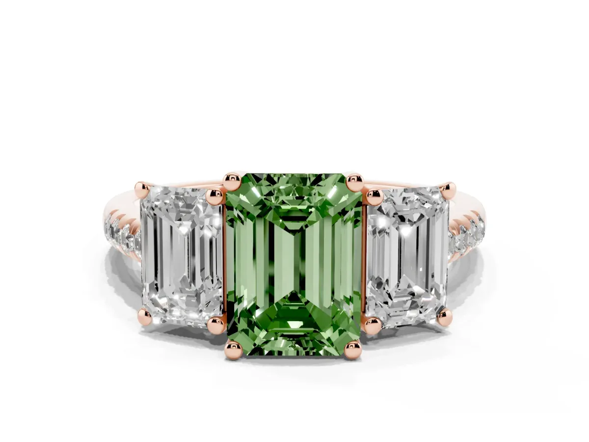Fancy Green Three-Stone Emerald Cut Diamond Ring with Round Pavé Band and Prong Setting Rose gold