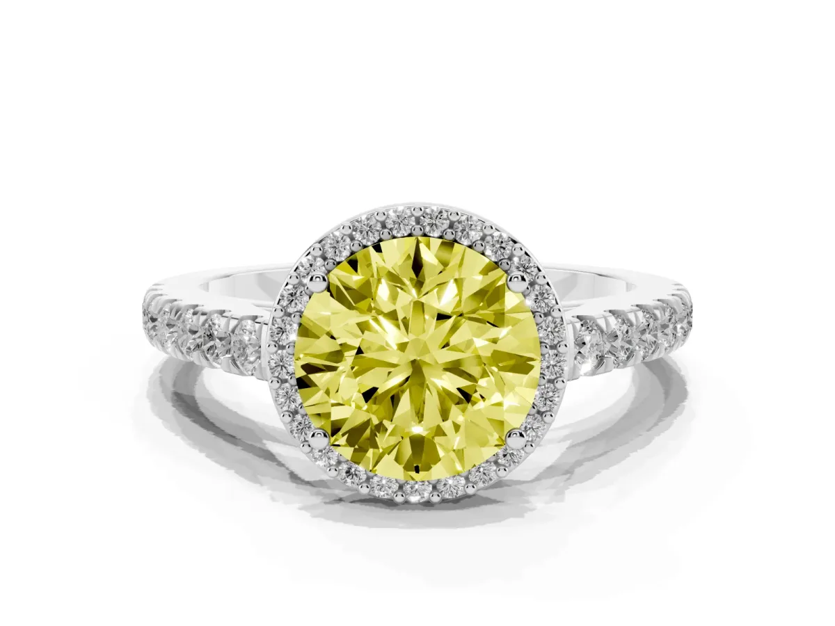 Fancy Yellow Round Cut Cut Halo Diamond Engagement Ring with Pave Band and Four-Prong Setting White gold