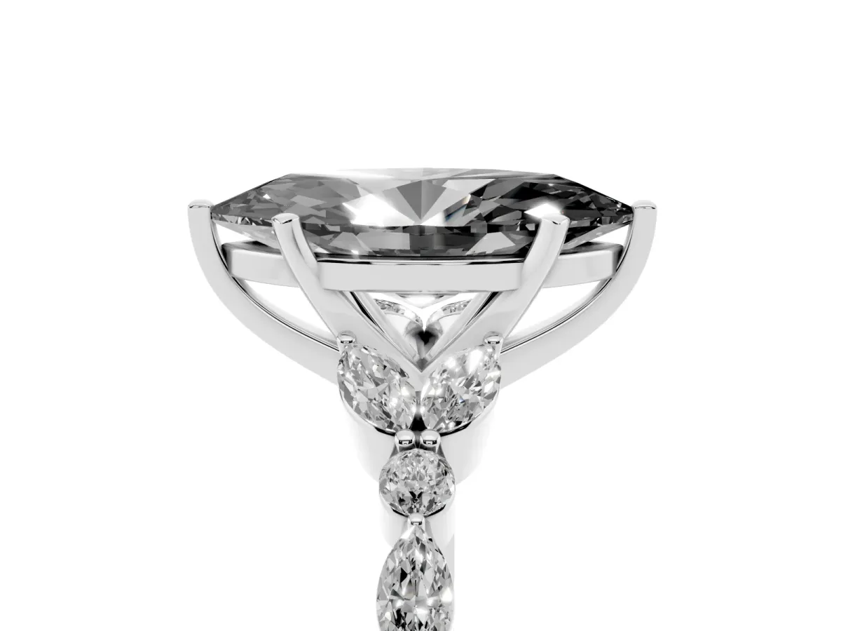 Fancy Black Marquise Cut Diamond Solitaire Ring with Side Stones and Four-Prong Setting Silver
