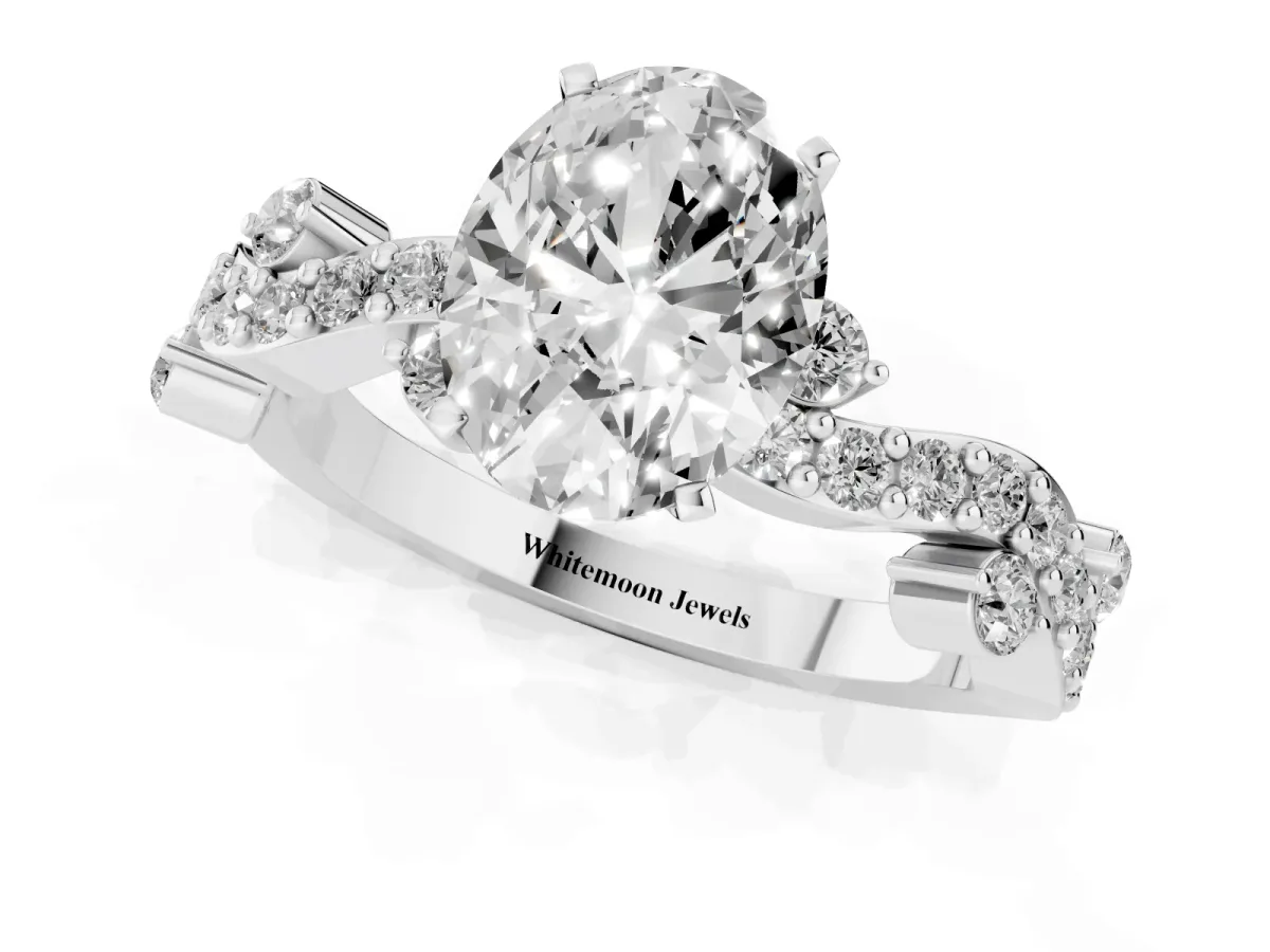 Oval Cut Cut Solitaire Diamond Twisted Band with Pave Setting Platinum