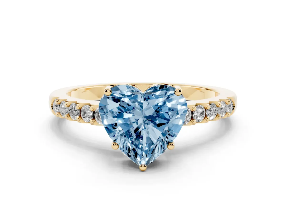 Fancy Blue Heart Cut Solitaire Diamond Engagement Ring with Pavé Band and Six-Prong Setting Yellow gold