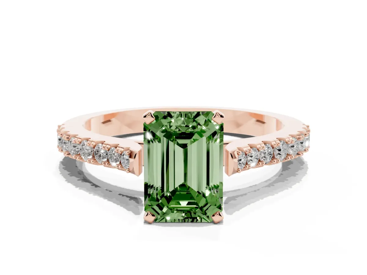 Fancy Green Emerald Cut Cut Solitaire Diamond Engagement Ring with Pave Band and Four-Prong Setting Rose gold