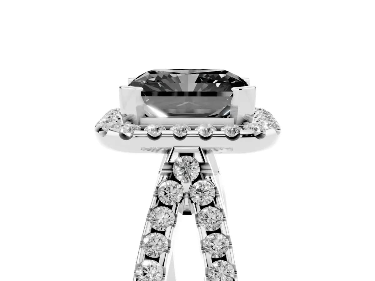 Fancy Black Radiant Cut Diamond Halo Ring with Split Shank Pavé Band and Prong Setting Silver