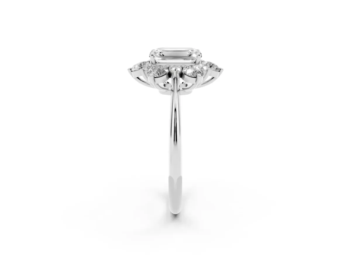 Emerald Cut Diamond Cluster Halo Ring with Solitaire Band and Four-Prong Setting Silver
