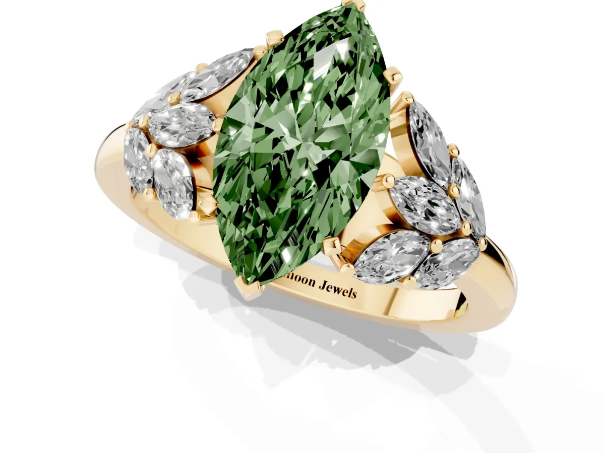 Fancy Green Marquise Cut Diamond Cluster Leaf Design Ring with Prong Setting Yellow gold