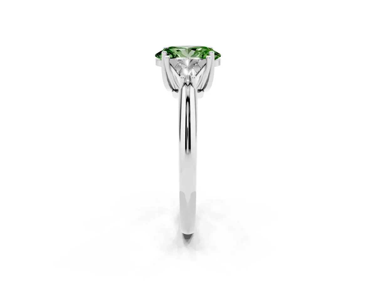 Fancy Green Three-Stone Oval Cut Diamond Engagement Ring with Trillion Side Stones and Prong Setting Silver