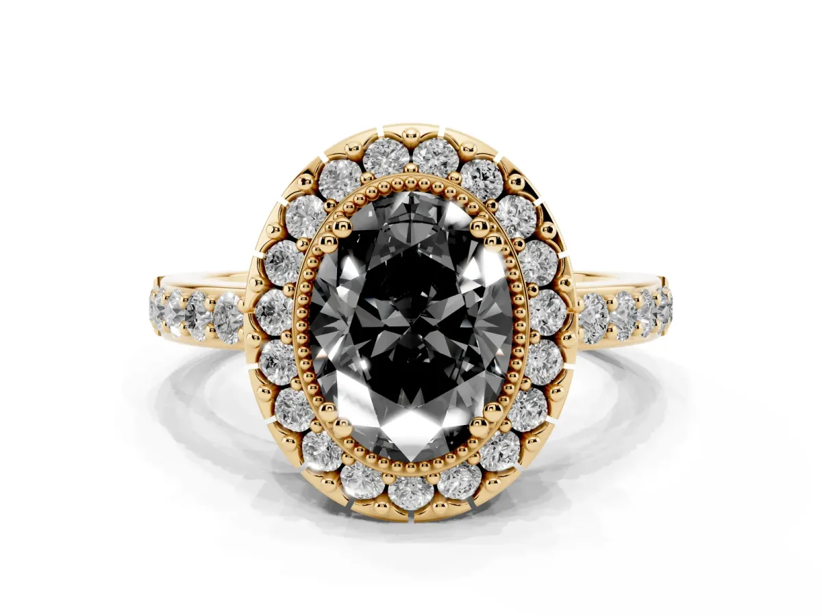 Fancy Black Oval Cut Diamond Halo Ring with Pavé Band and Prong Setting Yellow gold