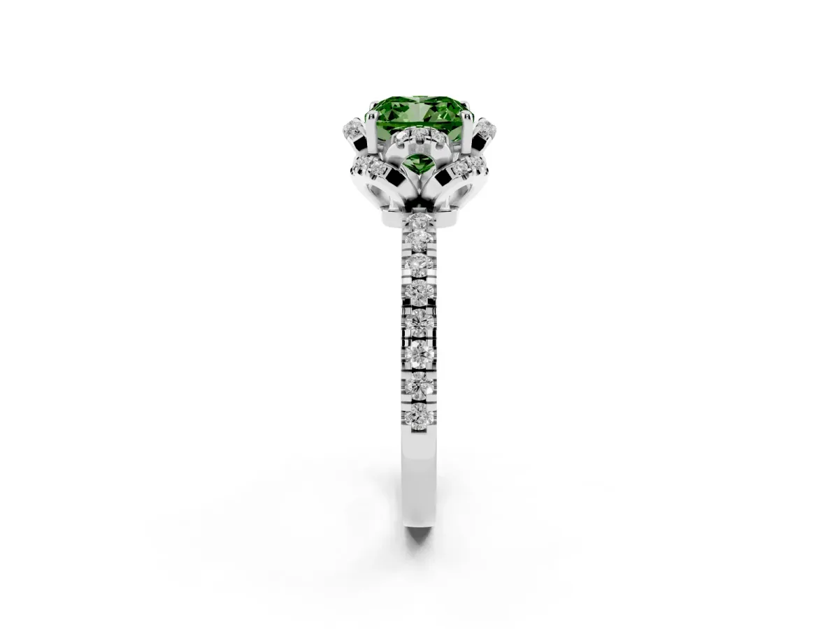 Fancy Green Cushion Cut Halo Diamond Pave Band Ring with Four-Prong Setting Silver