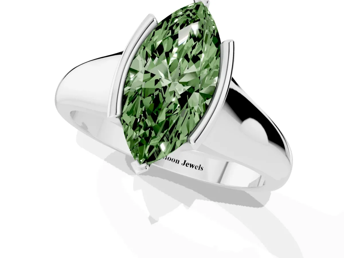 Fancy Green Marquise Cut Solitaire Tension Set Diamond Ring with Split Shank Band Platinum