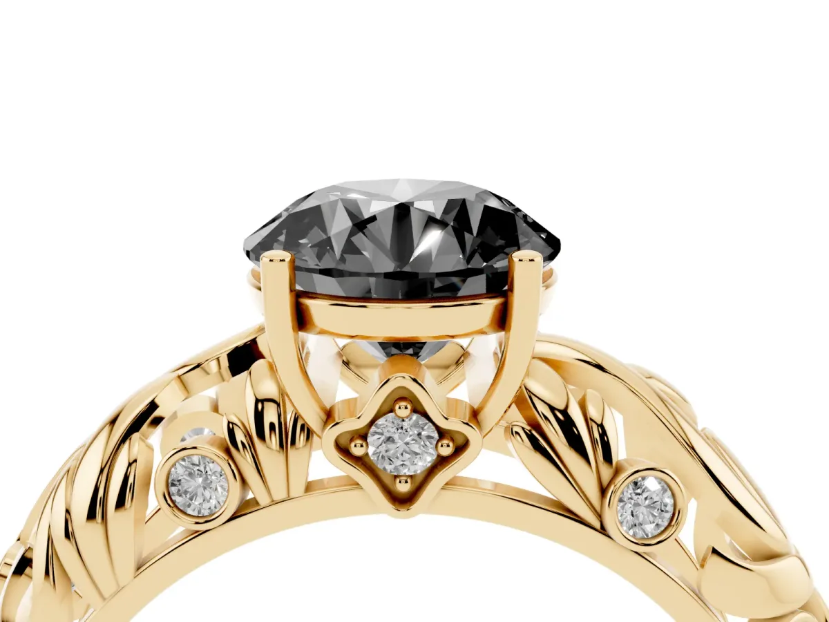 Fancy Black Round Cut Solitaire Diamond Leaf-Inspired Vine Band Ring with Prong Setting Yellow gold