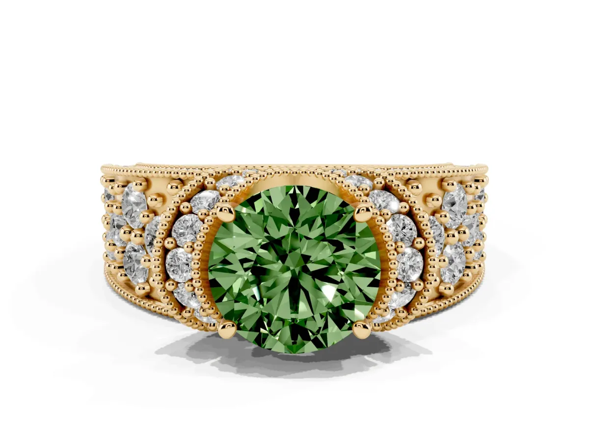 Fancy Green Round Cut Halo Pave Diamond Engagement Ring with Milgrain Detailing Yellow gold