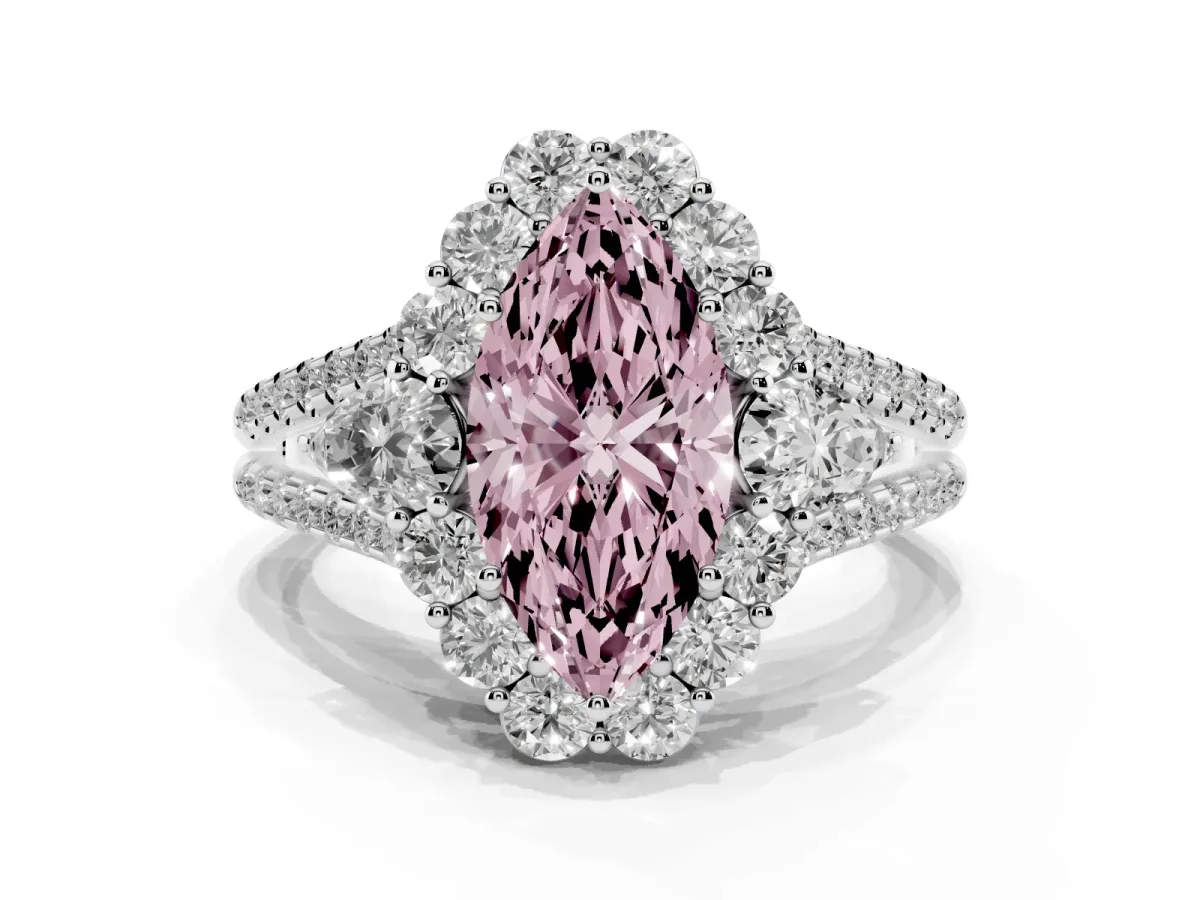 Fancy Pink Marquise Cut Halo Split Shank Diamond Engagement Ring with Prong Setting Silver