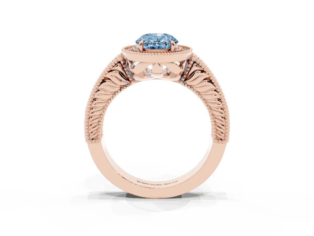 Fancy Blue Oval Cut Cut Halo Diamond Ring with Pavé Band and Four-Prong Setting Rose gold