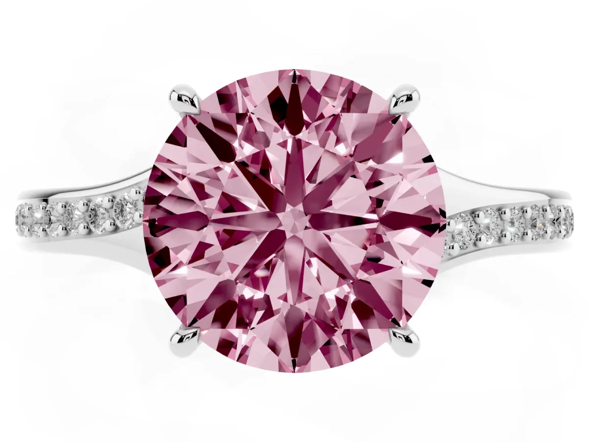 Fancy Pink Round Cut Diamond Solitaire Ring with Pavé Band and Prong Setting Silver