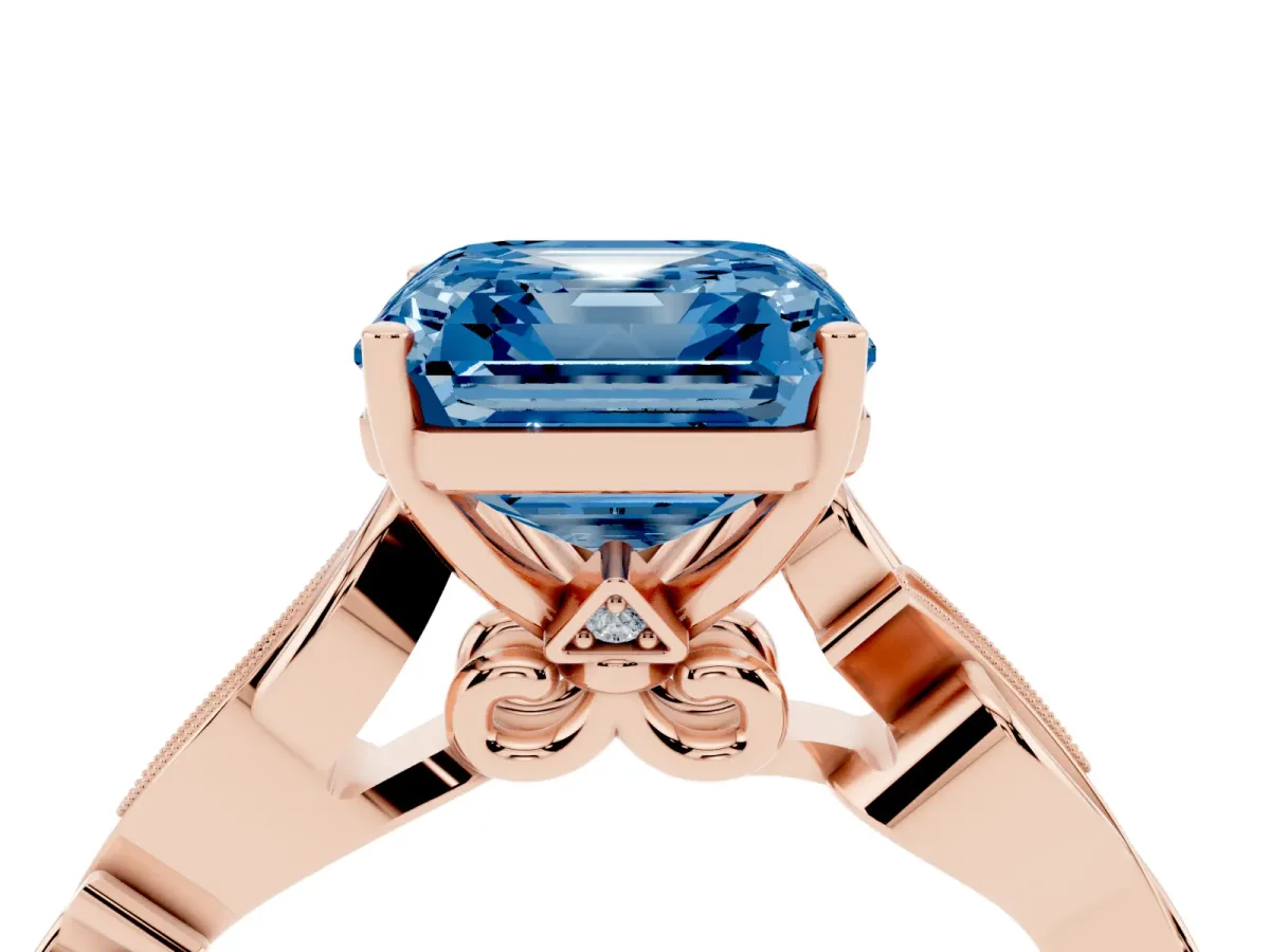 Fancy Blue Asscher Cut Solitaire Vine Band with Milgrain Prong Setting Rose gold