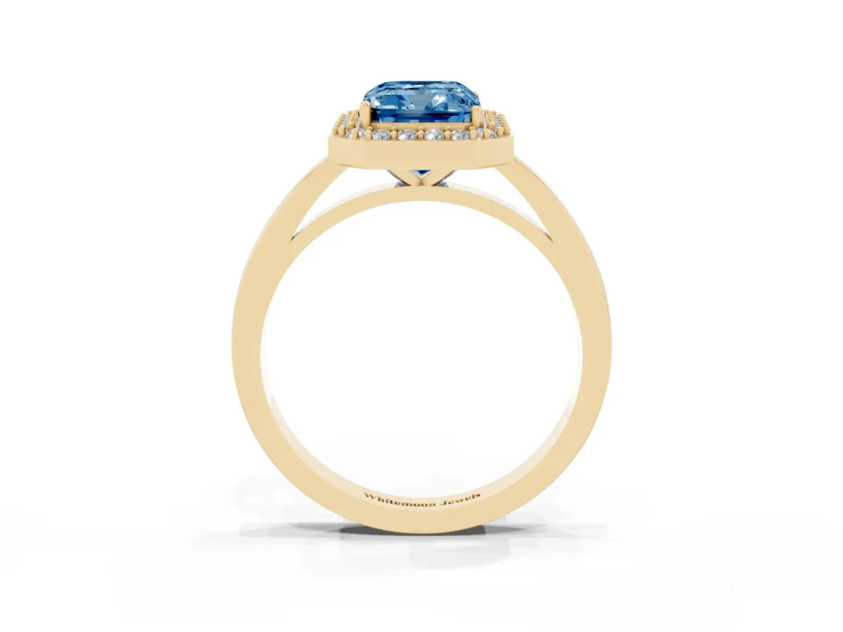 Fancy Blue Radiant Cut Halo Diamond Ring with Solitaire Band and Prong Setting Yellow gold