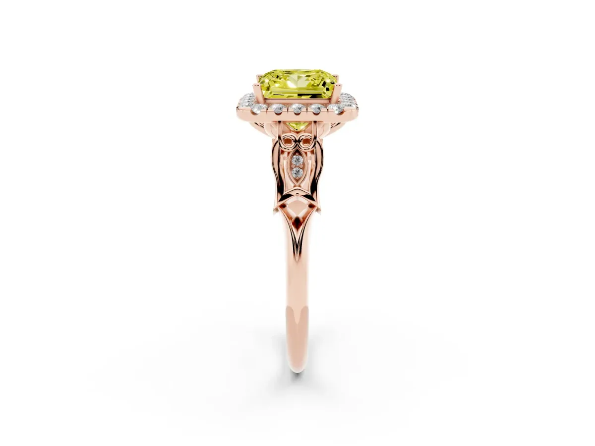 Fancy Yellow Princess Cut Halo Diamond Engagement Ring with Filigree Band and Four-Prong Setting Rose gold