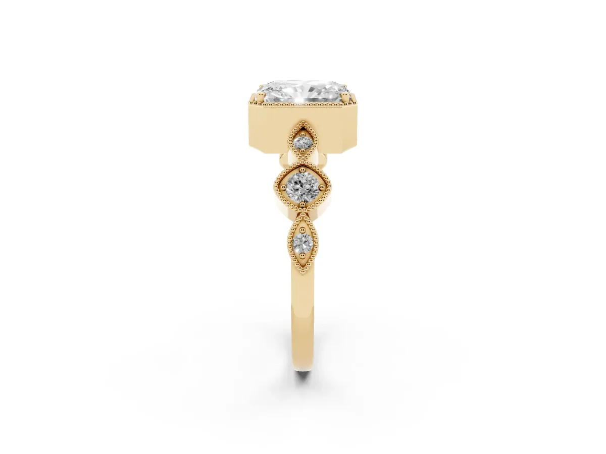 Radiant Cut Diamond Vintage Milgrain Ring with Round Stations Yellow gold