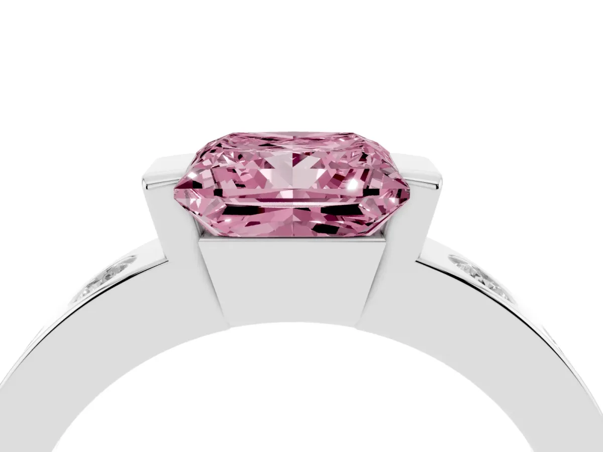 Fancy Pink Princess Cut Brilliant Channel-Set Diamond Ring with Bezel Prong Setting Silver