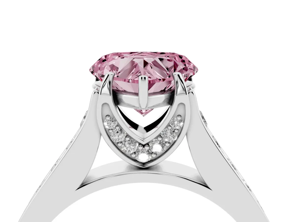 Fancy Pink Heart Cut Brilliant Cut Diamond Engagement Ring with Pavé Band and Four-Prong Setting White gold