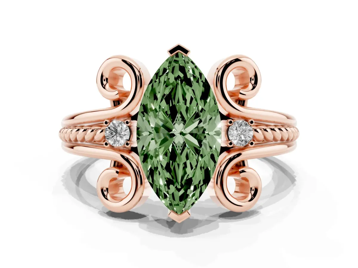 Fancy Green Marquise Cut Solitaire Twisted Band Scroll Prong Ring Rose gold