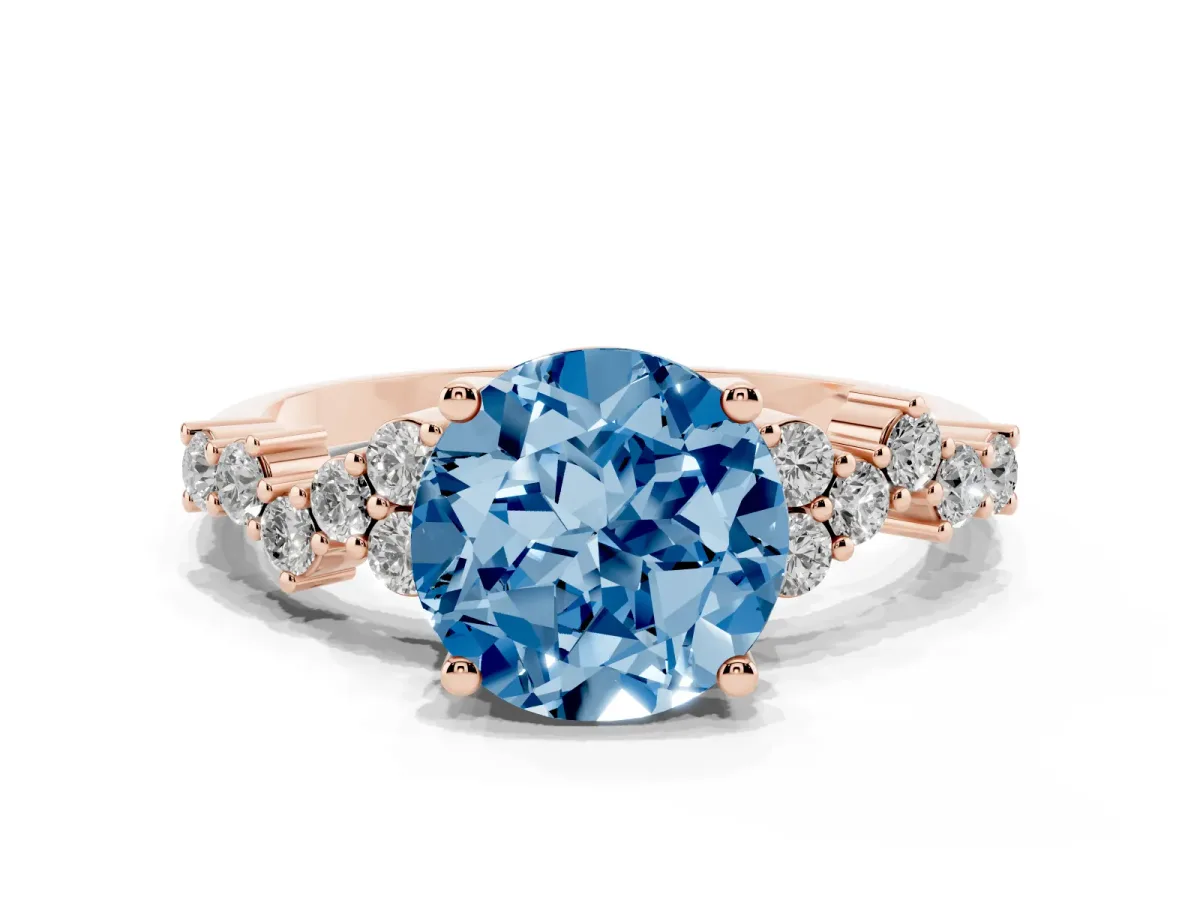 Fancy Blue Round Cut Diamond Scattered Round Accent Ring with Prong Setting Rose gold